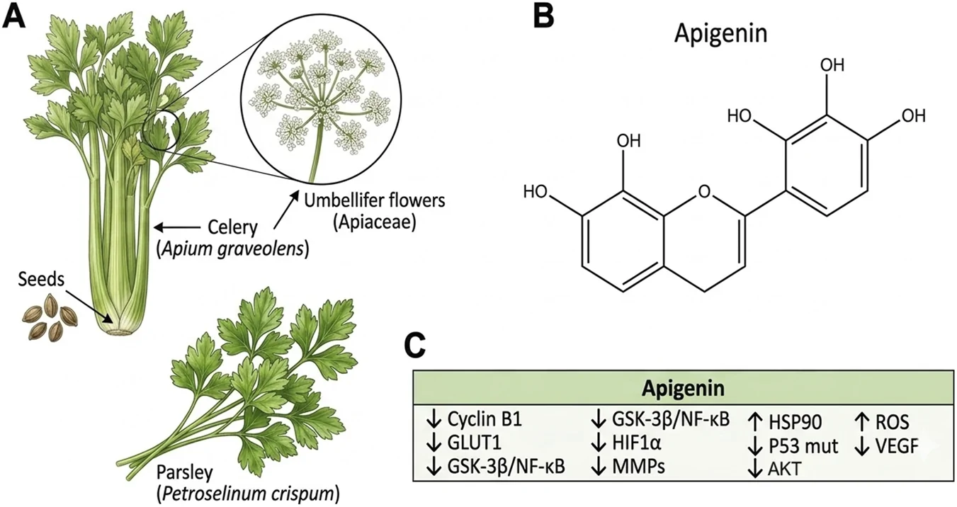 Illustration labeled panels A, B, and C; panel A shows celery (Apium graveolens) and parsley (Petroselinum crispum) plants with seeds and umbellite flower detail; panel B presents the chemical structure of apigenin; panel C lists cellular targets modulated by apigenin, including reduction of Cyclin B1, GLUT1, GSK-3 beta/NF-kappa B, HIF1 alpha, MMPs, HSP90, P53 mutation, AKT, and increases in reactive oxygen species and VEGF.