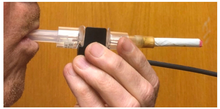 Photo of flow meter for puff profile characterization in use.