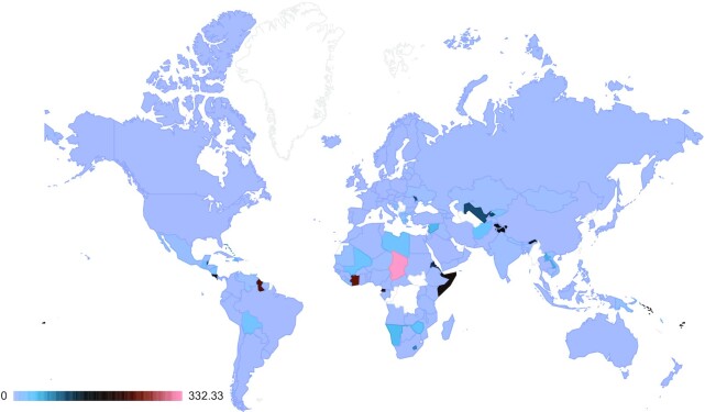 The “self:world” use ratio, which is the relationship between the foreign use (by non-domestic scientists) of a country's DSI (numerator) and the use of its DSI by domestic scientists (denominator). Light blue indicates a balanced use of DSI between foreign and domestic scientists. Pink indicates strong foreign use of DSI with less domestic use. Dark colours (black and red) indicate intermediate values. An interactive chart is available on the web platform under Graph 3.4 [12].