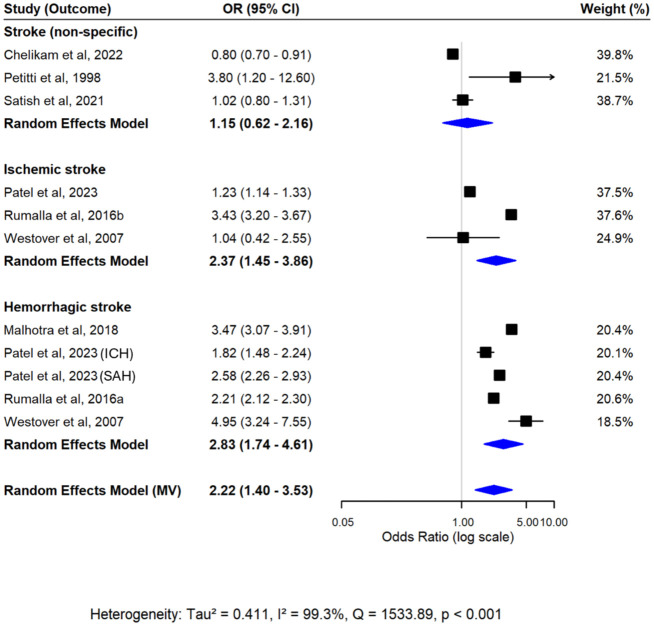Forest plot from multivariate random-effects meta-analysis of amphetamine use and stroke risk. Pooled estimates for each stroke subtype and the overall effect were estimated simultaneously within a single model, accounting for within-study correlations. Squares represent study-specific effect estimates, and diamonds represent the pooled multivariate estimates.