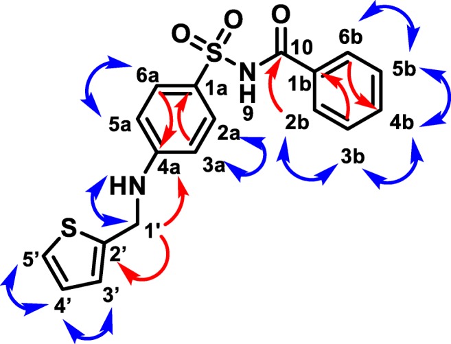 A representative example (77) of NMR correlations for scaled-up sulfabenzamide derivatives. Observed 1H-1H COSY correlations are shown as blue double-headed arrows. Relevant 1H-13C HMBC correlations are shown as red single-headed arrows