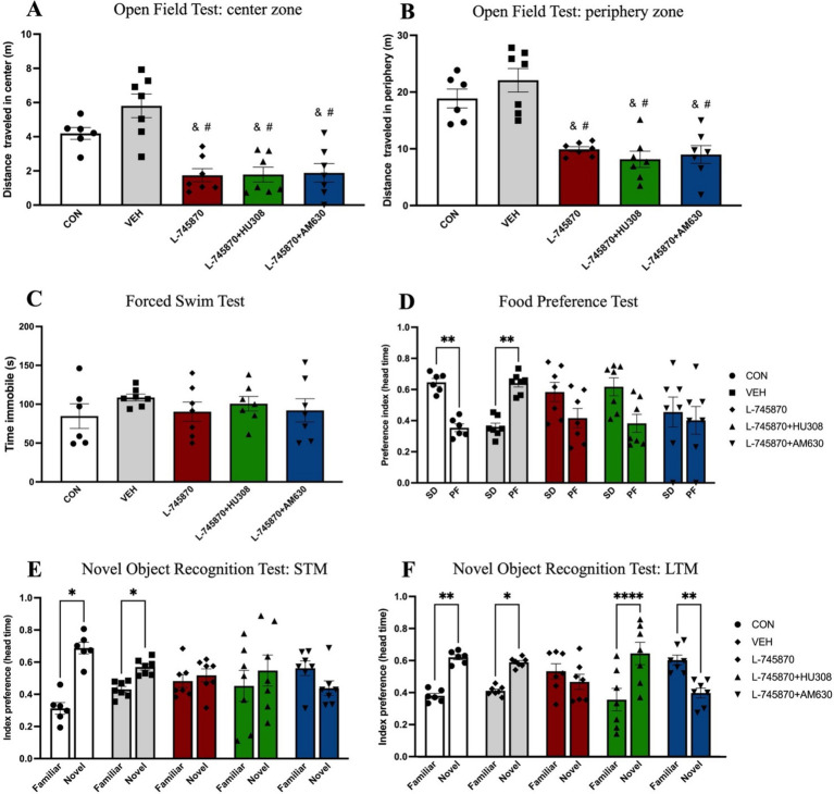 Effects of administration of treatments in behavioral tasks. Data express the mean ± SEM. (A,B) Open field test: the bar graph shows the bar plot of the distance traveled in the center (A) and in the periphery (B). (C) Forced swim test: the bar graph shows the bar plot of immobility time. (D) Food preference test: preference index between SD and PF. (E,F) Novel object recognition test. The bar graph shows the bar plot of the recognition index between familiar and novel objects in short-term memory (STM) (E) and long-term memory (LTM) (F). Data express the mean ± SEM. ****p < 0.0001; ***p < 0.001; **p < 0.01; *p < 0.01; & indicate a statistical difference (p < 0.01) between CON group; # indicate a statistical difference (p < 0.001) between VEH group.