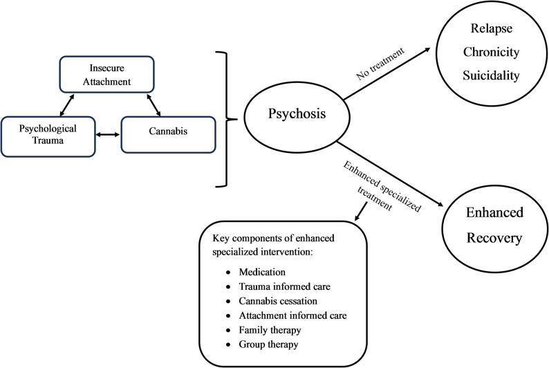 Potential risk pathway along with intervention targets for early psychosis. A visual model outlining the possible relationships among trauma, insecure attachment, and cannabis use as interconnected risk factors for psychosis, along with key therapeutic intervention points