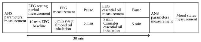 Experimental protocol of EEG, ANS, and mood states measurements divided into 8 blocks: ANS parameters recording; EEG recording in baseline condition (10 min), EEG in placebo condition (1 ml sweet almond oil inhalation, 5 min); pause (5 min); EEG Cannabis EO inhalation (1 ml, 5 min); pause (5 min); ANS parameters recording; and finally mood states measurement.