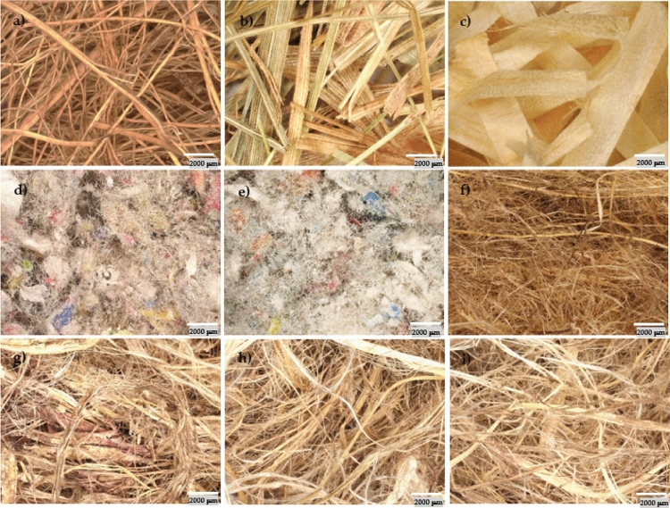Macroscopic images of fibers: (a) coconut fiber, (b) hay, (c) wood shavings, (d) PRO AGRO cellulose, (e) VestaEco CELL cellulose, (f) flax-hemp fiber, (g) hemp fiber 1, (h) hemp fiber 2, (i) hemp fiber 3.