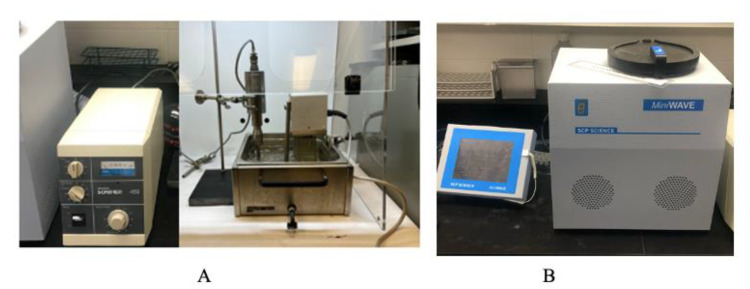 Branson Sonifier 450 ultrasound (A) and mini-wave microwave (B) extraction systems used for the study.
