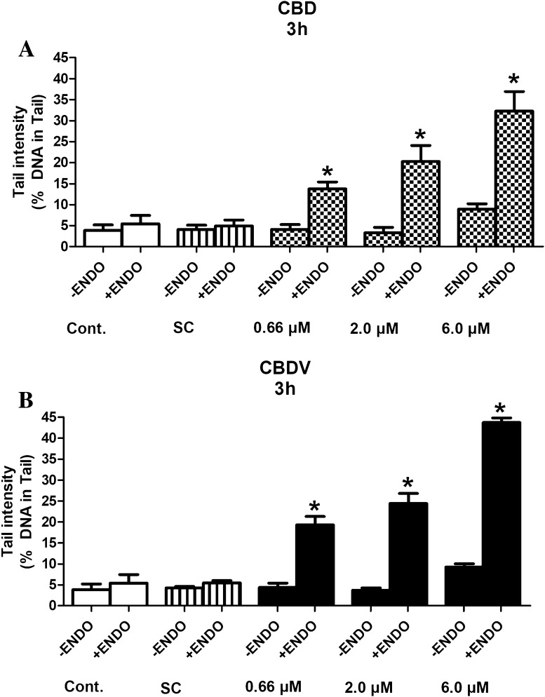 a, b Formation of oxidized pyrimidines in HepG2 cells by CBD and CBDV. The cells were exposed to the test compounds for 3 h. Subsequently, the nuclei were isolated after lysis and treated with ENDO III or with the corresponding buffers before electrophoresis for 45 min. Bars indicate means ± SD of results obtained with two cultures per experimental point. From each culture, two slides were made and 50 cells were evaluated per slide. Stars indicate statistical significance (p ≤ 0.05, ANOVA). All statistical calculations are based on comparisons between results which were obtained with cells which had been treated with the test compounds and results which were obtained with corresponding solvent controls
