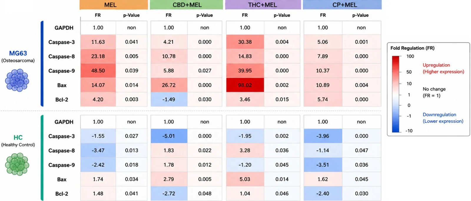 Expression levels of 5 genes in cells treated with MEL, CBD + MEL, THC + MEL, and CP + MEL