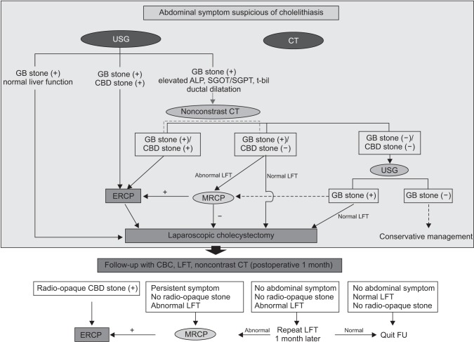 Institutional guideline of preoperative and postoperative management of the patient who has abdominal symptoms suspecting cholelithiasis. USG, ultrasonography; GB, gallbladder; CBD, common bile duct; ERCP, endoscopic retrograde cholangiopancreatography; MRCP, magnetic resonance cholangiopancreatography; LFT, liver function test; FU, follow-up.