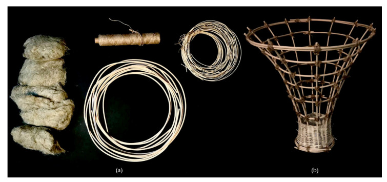 Material overview: (a) hemp fibers, rattan rods, jute fabric, (b) assembled rattan frame.