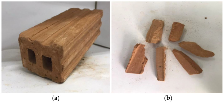 (a) Fired-clay interlocking bricks and (b) aggregate obtained from fired-clay interlocking bricks.