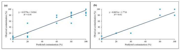 Scatter plot of observed data vs. predicted data of contamination percentage in (a) training and (b) testing sets.