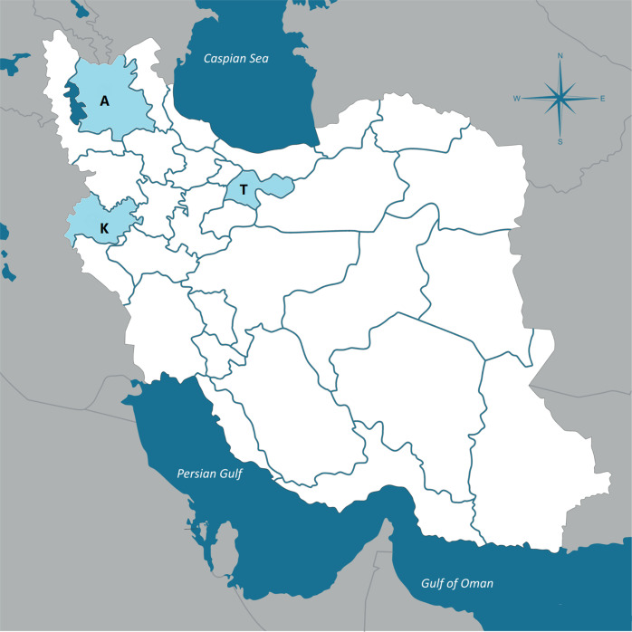 ARAS Recent onset Acute phase pSychosis Survey catchment area.Map of Iran, showing the three collaborating centers in ARAS cohort as east Azerbaijan (A), Tehran (T) and Kermanshah (K).