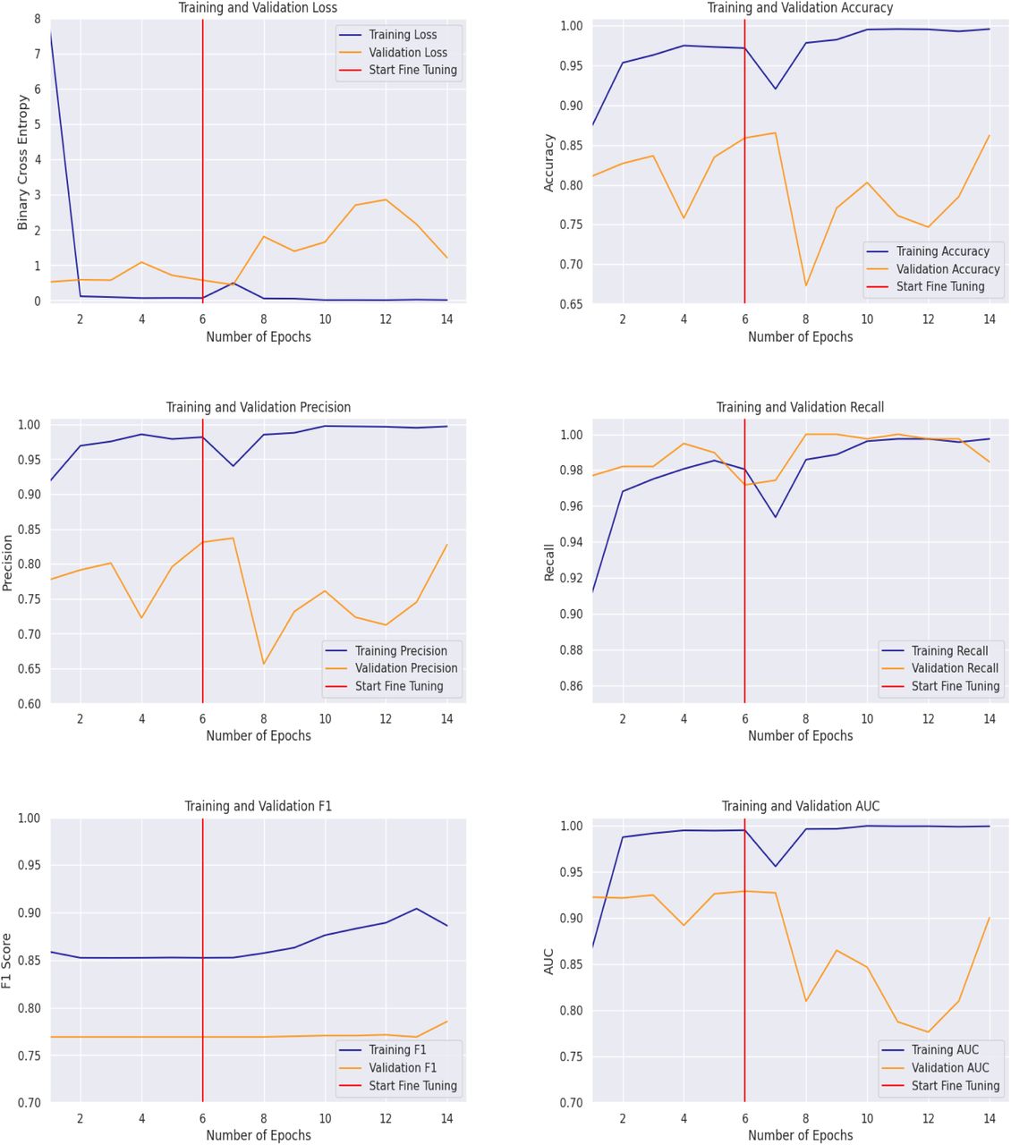 Training and Validation Metrics Over Epochs: Loss, Accuracy, Precision, Recall, F1, and AUCMetrics show the model’s performance trends before and after fine-tuning, across training and validation sets, providing insights into model behaviour