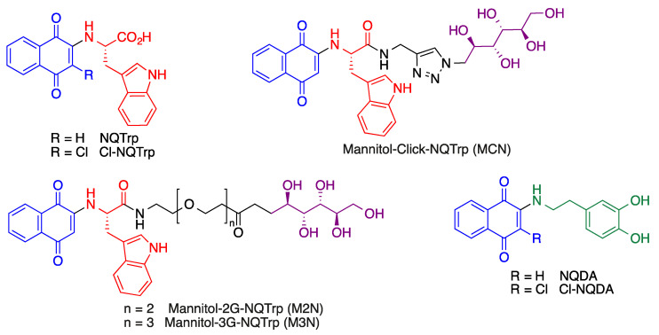 Selected naphthoquinone-tryptophan and naphthoquinone-dopamine hybrids.