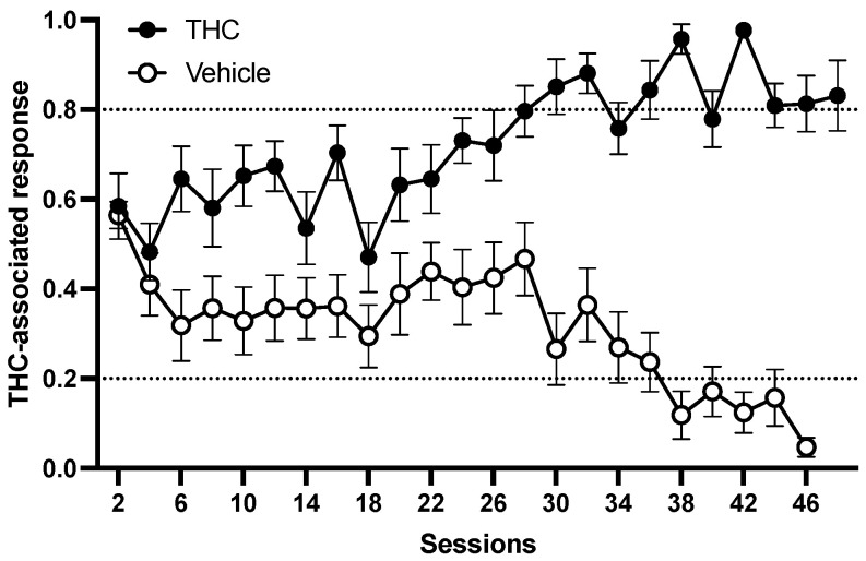 Acquisition of ∆-9-tetrahydrocannabinol (THC, 3 mg/kg vs. vehicle) discrimination.
