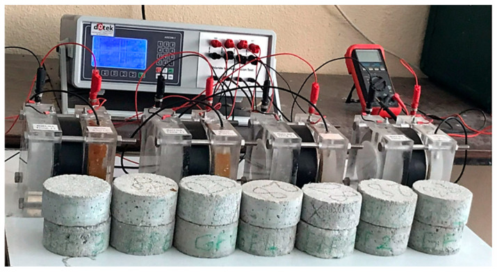 Chloride permeability test setup and samples of the mortars.