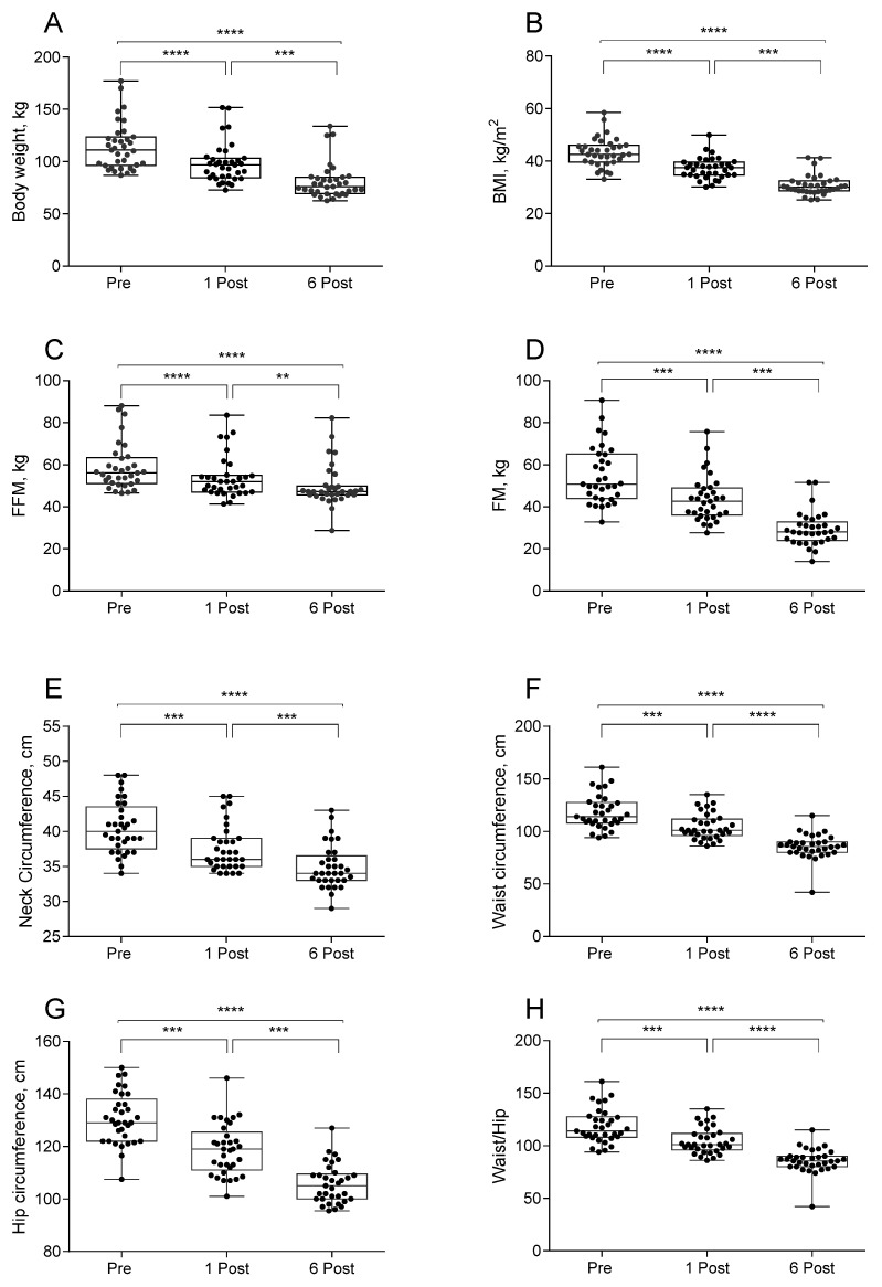 Values of body weight (A), body mass index (BMI, (B)), free fat mass (FFM, (C)), fat mass (FM, (D)), neck (E), waist (F), and hip (G) circumferences and waist-to-hip ratio (H) in subjects at baseline (Pre), one month (1 Post) and six months (6 Post) after bariatric surgery. Values are presented as boxes (mean value) and whiskers (higher and lower values) (Body weight n = 35; BMI n = 35; FFM kg n = 33; FM kg n = 33; NC n = 33; WC n = 33; HC n = 33). ** p < 0.01; *** p < 0.001; **** p < 0.0001.