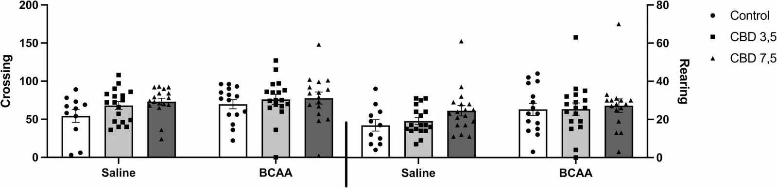 Effects of BCAA administration and CBD treatment on open-field test in rats, showing the number of crossings and rearings (n = 10–18). Data are expressed as mean ± Standard Error of the Mean (SEM). *p < 0.05 vs. training session