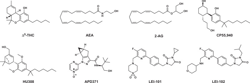 Chemical structures.Shown are the main constituent of Cannabis sativa Δ9-tetrahydrocannabinol (THC), and the two major endocannabinoids anandamide (AEA) and 2-arachidonoylglycerol (2-AG), as well as non-selective CBR agonist CP55,940 and CB2R agonists HU308, APD371, LEI-101, and LEI-102.