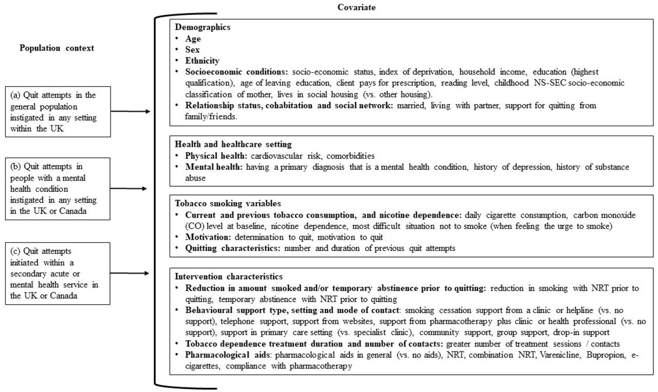 List of covariates found to have a statistically significant association with quitting success in at least one study. Supplementary Table S6 provides a full description of the size and direction of covariate effects and the corresponding statistical significance.