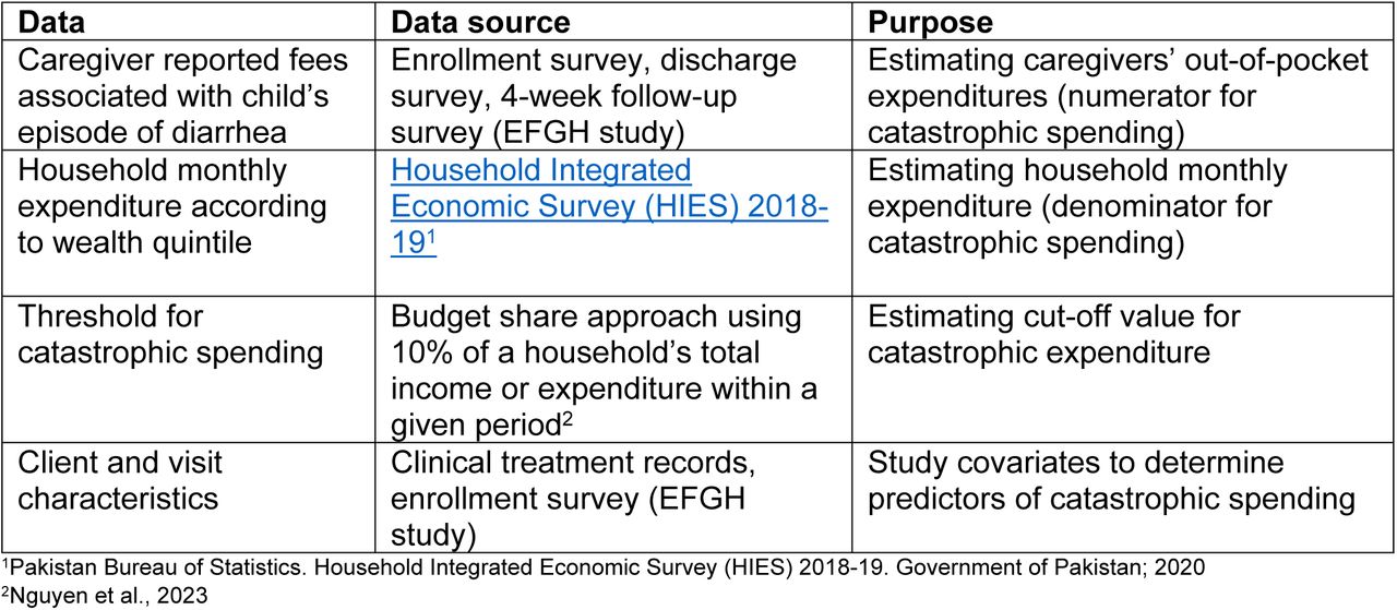 Key cost elements and associated data sources used to measure catastrophic health expenditure in EFGH, Pakistan, 2022-2024