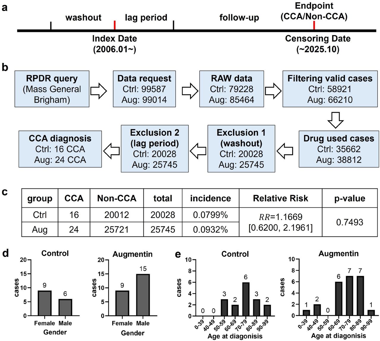 Association between Augmentin use and the risk of CCA: a retrospective cohort study using the RPDR database.(a) Retrospective cohort design. (b) Procedures for processing cohort data. (c) Calculations of CCA incidence in the two groups, relative risk (RR), and p-value. (d) Gender distribution of identified CCA cases in the two groups. (e) Age distribution of identified CCA cases in the two groups.