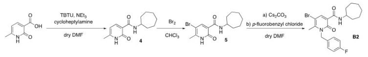 Synthesis of N-cycloheptyl-1,2-dihydro-5-bromo-1-(4-fluorobenzyl)-6-methyl-2-oxo-pyridine-3-carboxamide (B2).