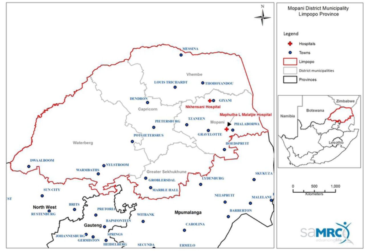 Location of the two hospitals in the study site in Limpopo Province, South Africa.