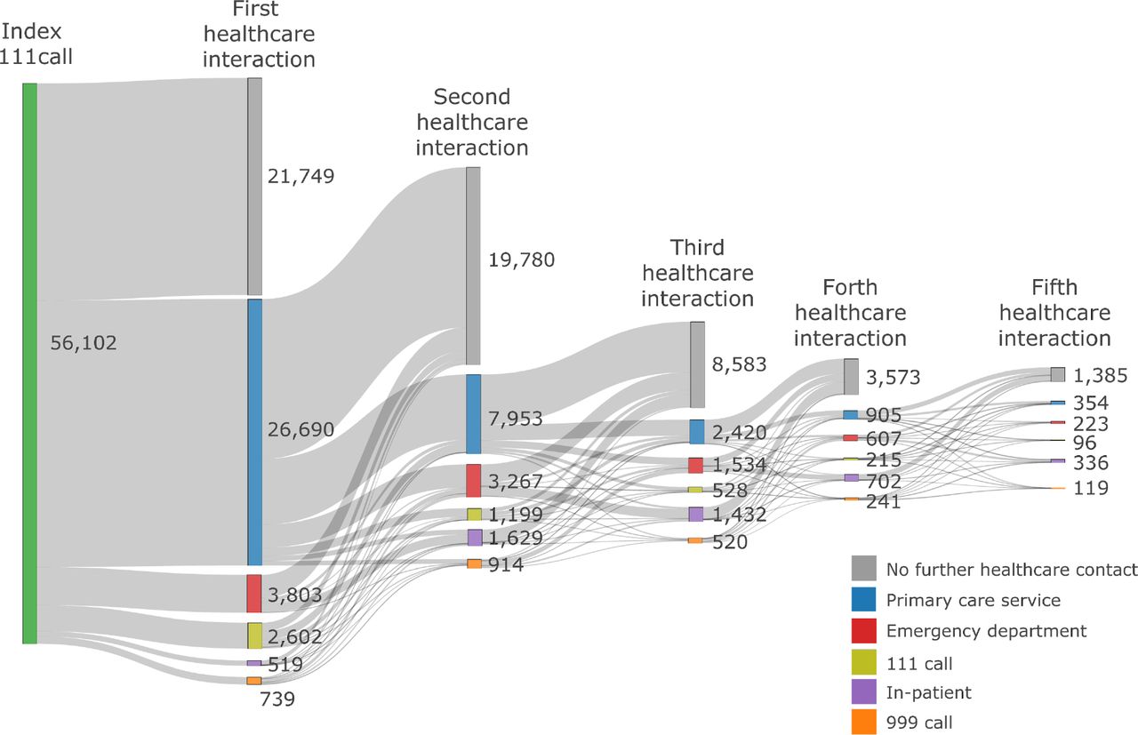 Sankey diagram of healthcare service access by patients following index 111 call
