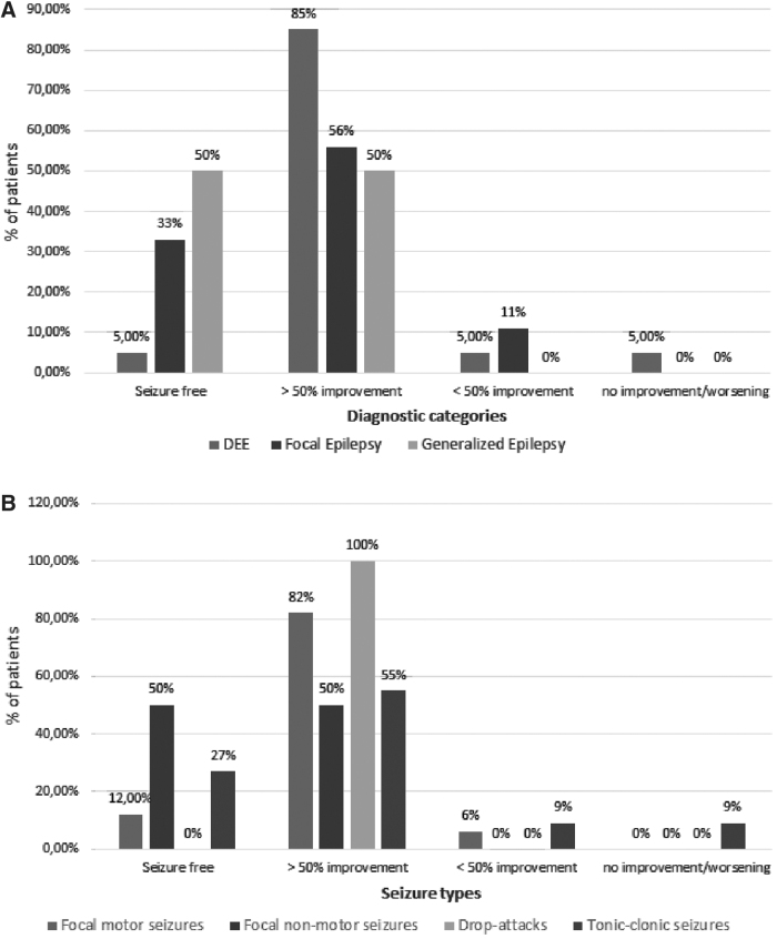 Seizure outcome according to diagnostic categories (A) and seizure types (B) in our cohort.