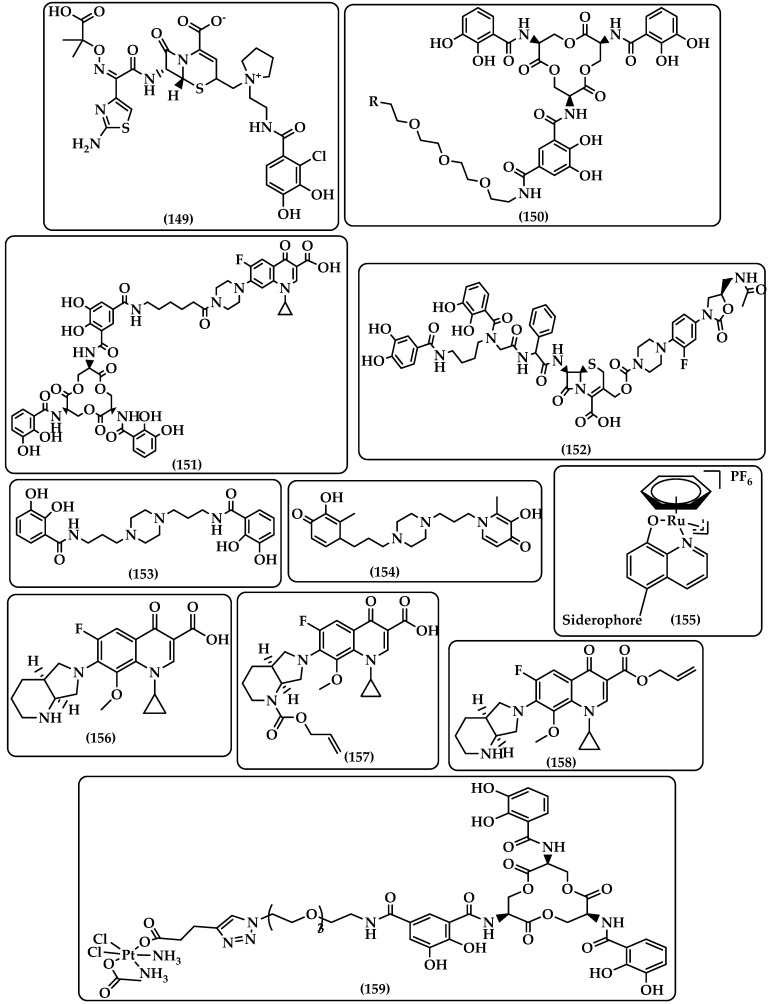 Chemical structure of, Cefiderocol (CFDC) (149), siderophore-antibiotic conjugates (150), enterobactin-ciprofloxacin conjugate (151), oxazolidinone-cephalosporin-bis-catechol-based siderophore conjugates (152), piperazine-based siderophore mimetics (153), (154), siderophore-linked ruthenium catalysts (155), moxifloxacin (156), N-moxi (157), C-moxi (158), and cisplatin prodrug-enterobactin (159).