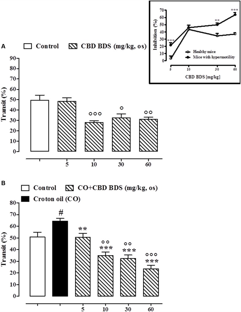 Effect of CBD BDS (10–60 mg/kg, by oral gavage) on intestinal transit in healthy mice (A) and croton oil-treated mice (B). Bars represent the mean ± SEM of 8–10 animals for each experimental group. ° and #p < 0.05, ∘∘p < 0.01 and ∘∘∘p < 0.001 vs. control and ∗∗p < 0.01 and ∗∗∗p < 0.001 vs. croton oil alone. Insert: Difference between the curves representing the inhibitory effect of CBD BDS on intestinal transit in healthy mice and mice with hypermotility (mice treated with croton oil). Results are expressed as mean ± SEM of 8–10 mice for each experimental group. ∗∗∗p < 0.001 vs. healthy mice.