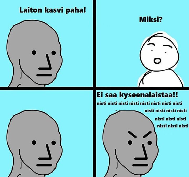 A comic strip posted as an attachment to several messages in the data. Square 1: Illegal plant evil! Square 2: Why? Square 4: Do not question!! junkie junkie junkie junkie…