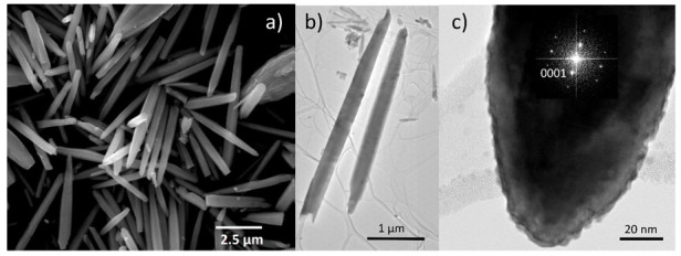 Morphological analyses: (a) FESEM image of dispersed ZnO MRs; (b) TEM image of two ZnO MRs; (c) HRTEM image of the ZnO MR grown along the polar c-axis and located on the right-hand side of (b). The corresponding FFT image is depicted as an inset.