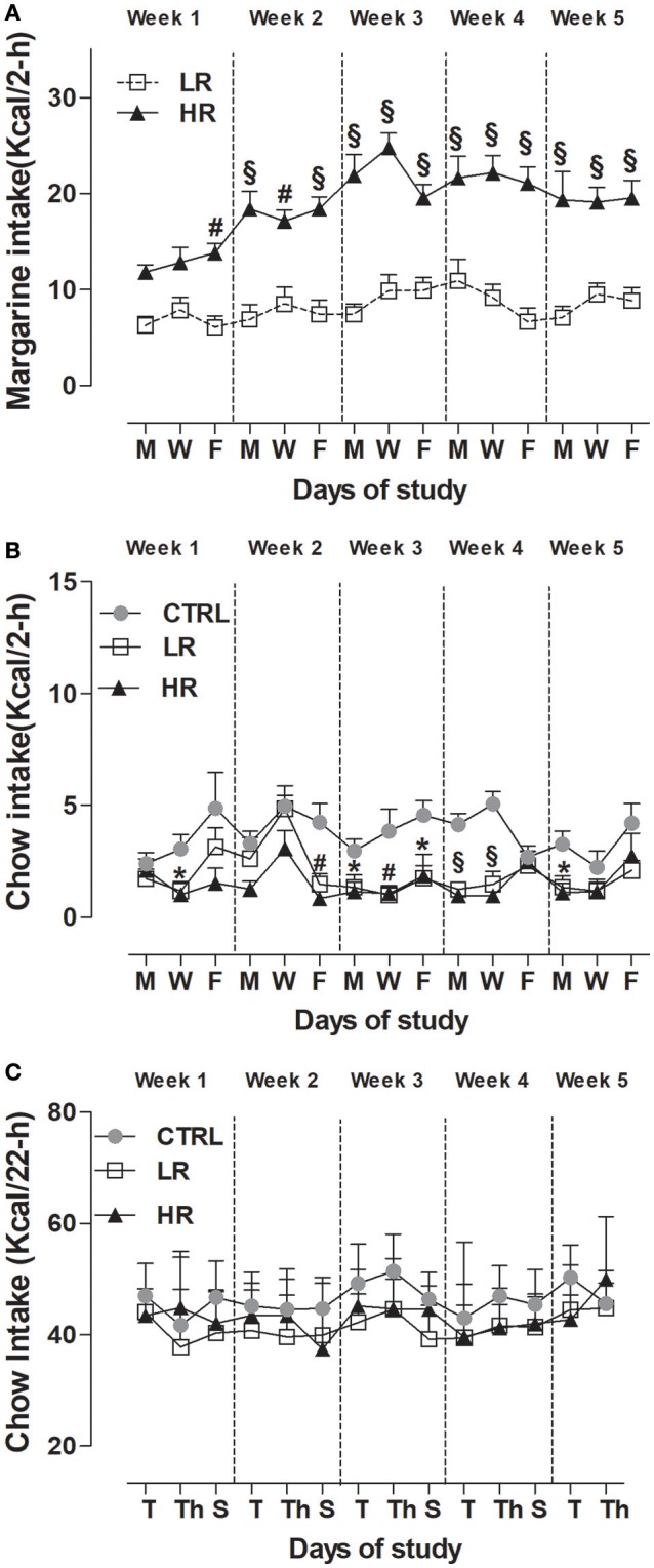 Induction of binge-type eating. Data are presented as mean kcal ± SEM (n = 12 rats per group). (A) Margarine intake during the limited (2 h) access: HR group consumed more margarine compared to LR group (Two-way ANOVA: #P < 0.01 and §P < 0.001, Bonferroni test vs. LR group); (B) Chow intake during the limited (2 h) access: LR group and HR group consumed less chow compared to CTRL group (one way ANOVA: *P < 0.05, #P < 0.01 and §P < 0.001, Newman–Keuls test vs. CTRL group). (C) Chow intake after the limited (2 h) access: no difference was found between groups.