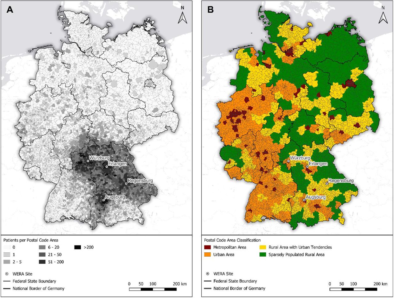 (A) Nationwide distribution of the places of residence of WERA patients by postal code area, based on data from 2024 (n=63,524). (B) Nationwide classification of postal code areas using spatial categories: Metropolitan areas (dark red), urban areas (orange), rural areas with urban tendencies (yellow), and sparsely populated rural areas (green).