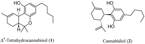 Chemical structures of Δ9-tetrahydrocannabinol (THC, 1) and cannabidiol (CBD, 2).