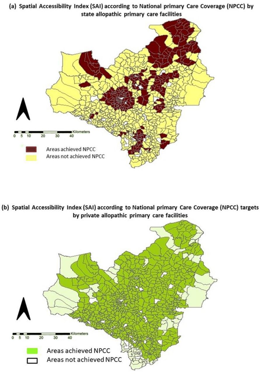 Spatial distribution of Grama Niladhari Divisions which achieved National Primary Care Coverage targets by state and private sector primary care doctors in Anuradhapura district of Sri LankaThe difference between SAI values of the urban and rural areas was significant in 5 km and 10 km spatial-distance, p<0.005 (Independent sample t-test). The distance to the main road (r = -.218, p=0.0000, 5 km Spatial-distance) and the distance to main town, Anuradhapura (r= -.269, p=0.000, 5 km Spatial-distance) negatively correlated with SAI (S1 Table). SAI of divisional secretariat divisions within a 5 km Spatial-distance negatively correlated with poverty head count index (r= -.620, p=0.002). A positive correlation was observed between the mean SAI of divisional secretariat divisions (within 5 km Spatial-distance) and the population density, p< 0.001 (r = .754).