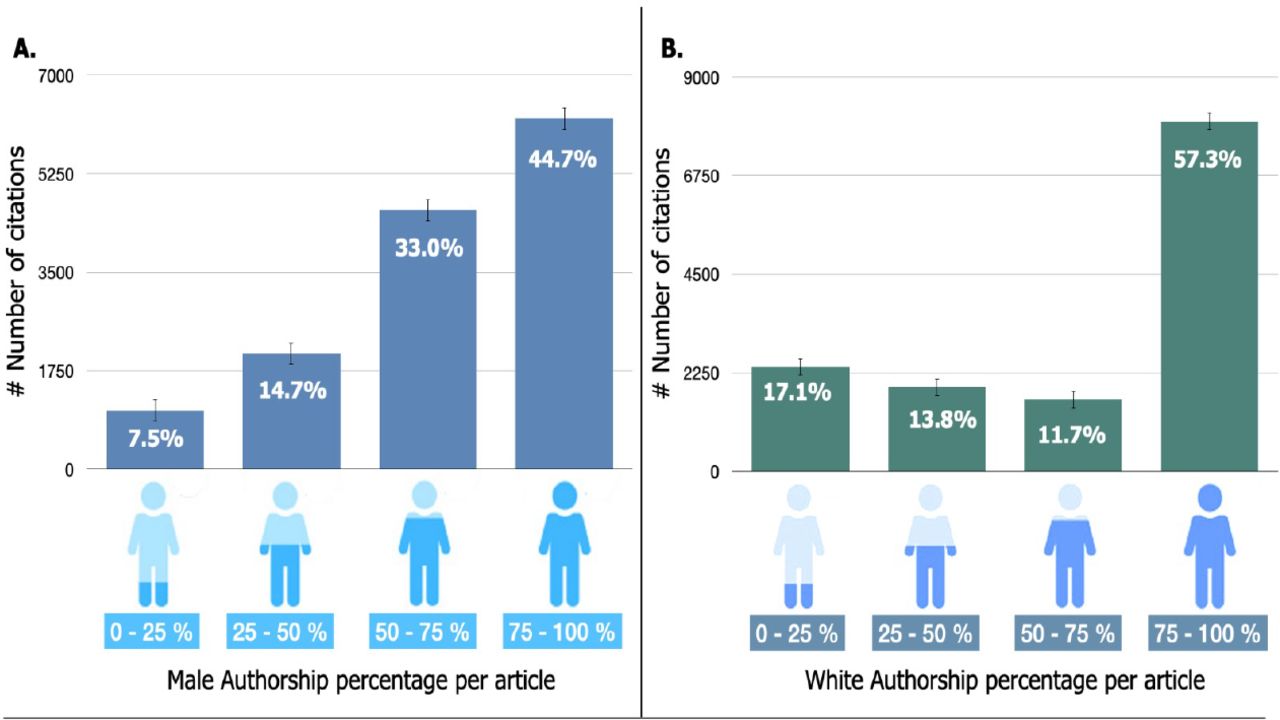 A, Distribution of Male authorship percentage per article with Number of citations and percentage - AI Fairness community in healthcare. B. Distribution of Male authorship percentage per article with Number of citations and percentage - AI Fairness community in healthcare