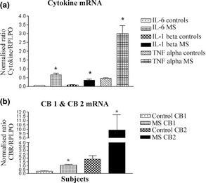Cytokine and cannabinoid receptor mRNA results were based on normalized ratio of mean mRNA to mean RPLPO gene. (a) TNF‐α, IL‐6, IL‐1β and cannabinoid receptors (b) CB 1 and CB 2 mRNA expression measured by qPCR in control (n = 19) vs. MS (n = 20) blood. Data are displayed as mean ± SEM of 3–4 experiments. Asterisks (*) = P < 0.025 unpaired Student's t‐test.
