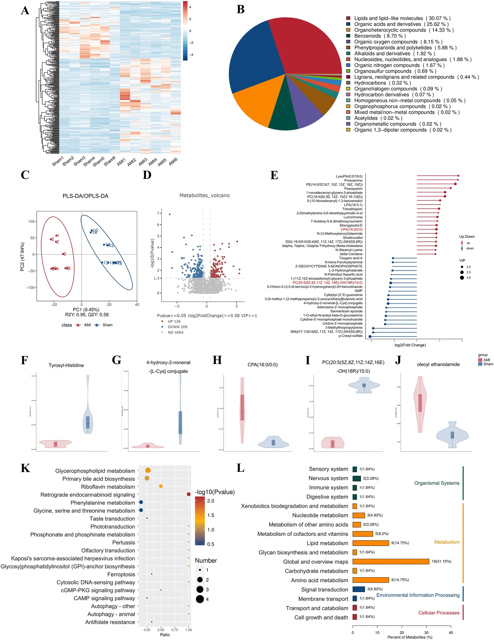 Panel A displays a heat map illustrating metabolite expression patterns across samples, Panel B is a pie chart categorizing metabolite classes by proportion, Panel C is a PLS-DA plot showing group separation, Panel D is a volcano plot identifying significant metabolite changes, Panel E presents a bar chart of top differentially expressed metabolites, Panels F to J each show violin plots of selected metabolites comparing experimental groups, Panel K is a bubble plot of enriched metabolic pathways with significance, and Panel L is a horizontal bar chart summarizing impacted biological systems.