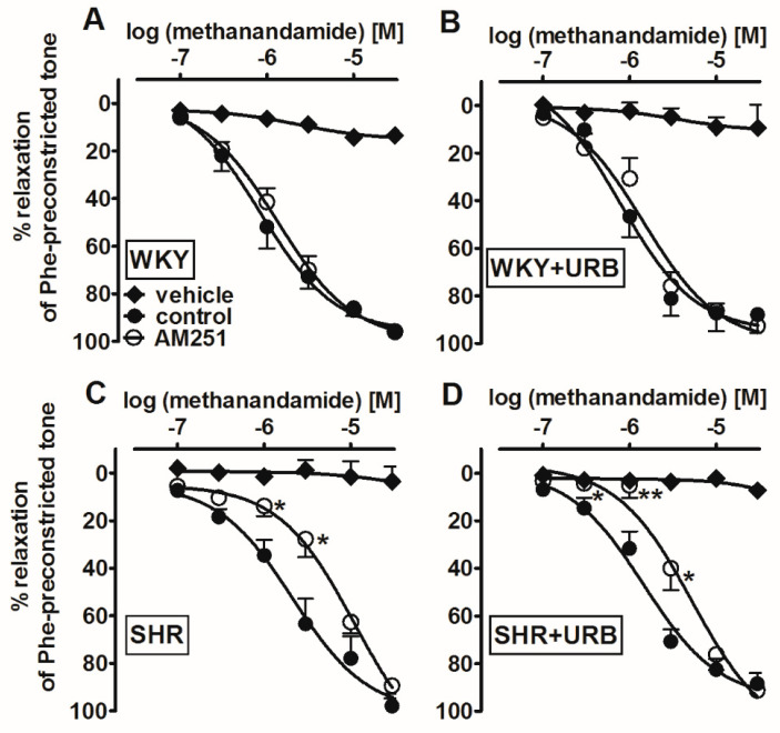Influence of AM251 (1 µM) and its vehicle on the relaxant effects of methanandamide in the mesenteric G3 arteries from normotensive control (WKY; A) and URB597-treated (WKY + URB; B) rats or hypertensive (SHR; C) and URB597-treated (SHR + URB; D) rats. URB597 at 1 mg/kg or its vehicle was injected intraperitoneally every 12 h for 14 days. The results are expressed as percentages of the relaxation of the isometric contraction induced by phenylephrine (Phe). Mean ± SEM of n = 8–10 tissues for each curve. * p < 0.05 and ** p < 0.01, compared to the * control, as determined by Student’s t-tests for unpaired data. In a few cases, the SEM is smaller than or equal to the size of the symbols. See Table 1 for statistical analysis.