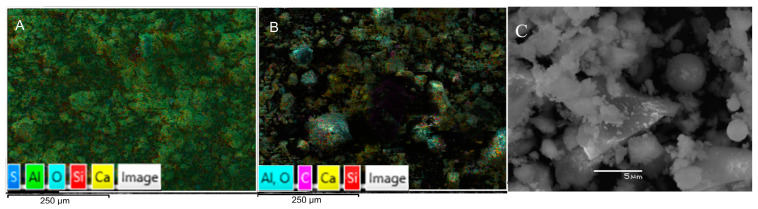 SEM of pozzolanic cement ((A,B): 250 μm scale (mapping), and (C): 5 μm scale).