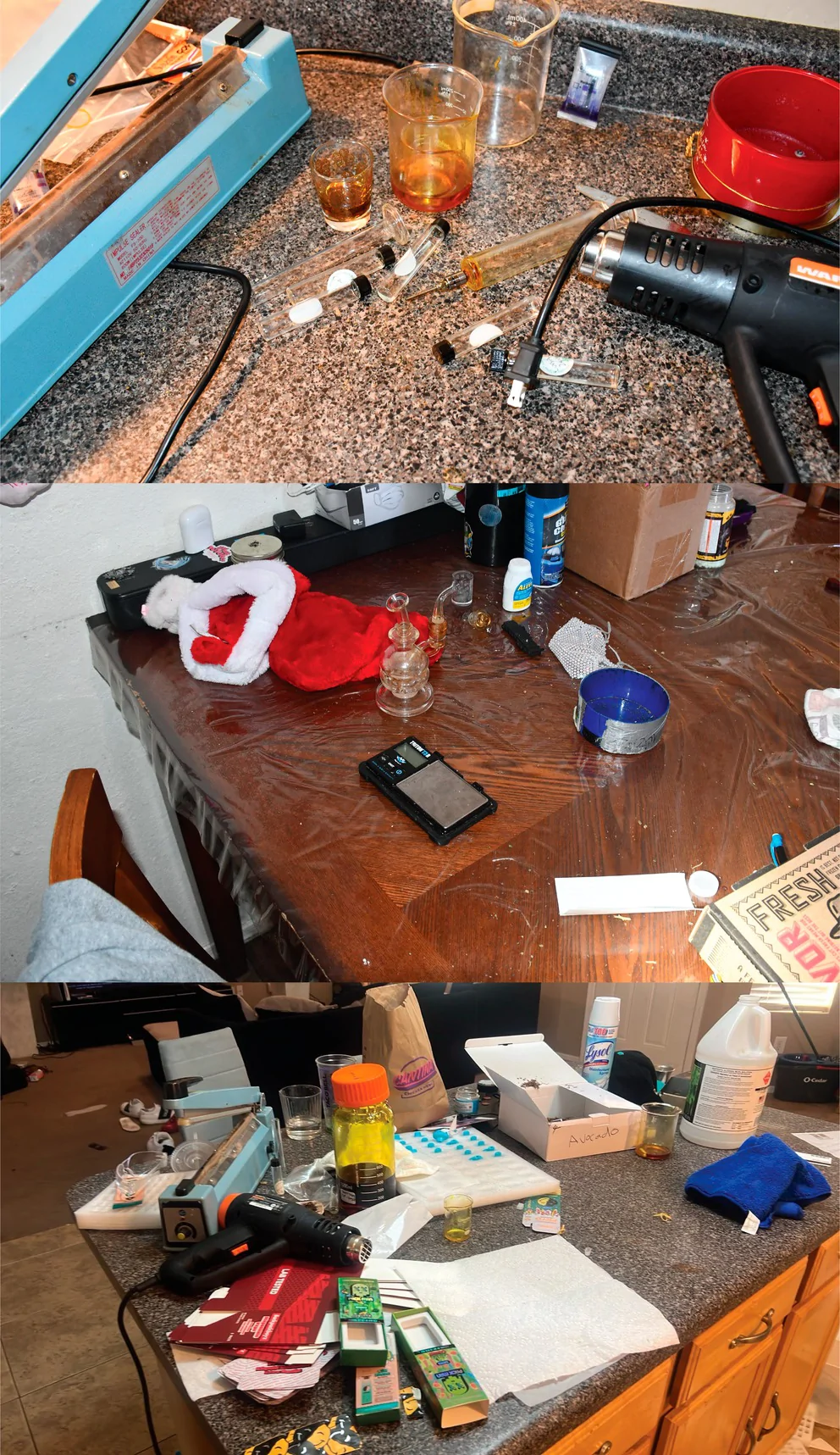 Clandestine cannabis processing areas demonstrate poor chemical hygiene and hence the likelihood of cross‐contamination, particularly on the scale and benchtops (Photo credits to Maricopa County Sheriff Office).