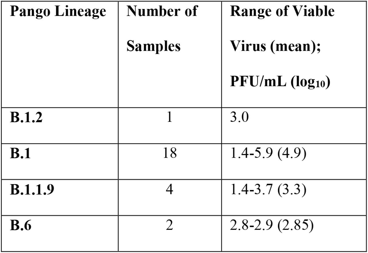 Summary of viable virus detection in nasal swab samples from unvaccinated individuals broken down by Pango lineage