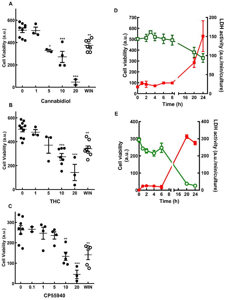 Cell viability in cultures treated with cannabinoids. Glia-enriched cultures at E8C13 were treated with µM concentrations of cannabidiol (A), THC (B), CP55940 (C), 1 µM WIN 55,212-2 (open circles) for 24 h or 1 µM WIN 55,212-2 (D), or 10 µM CBD (E) for increasing periods of time. Cultures were processed for MTT viability assays (A–C, and green open symbols and curves in D,E) or LDH activity (filled red symbols and curves in D,E) as described in the methods section. Data represent the mean ± S.E.M. of 2–10 experiments performed in triplicate (A–C) or 3 separate experiments performed in triplicate or quadruplicate (D,E). ANOVA and Bonferroni’s multiple-comparisons test were used. *** p < 0.001, ** p < 0.01, and * p < 0.05 as compared to control cultures (0 µM). a.u. = arbitrary units.