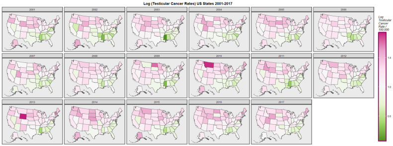 Map-graph of log(testicular cancer incidence rates) across USA by state and year.