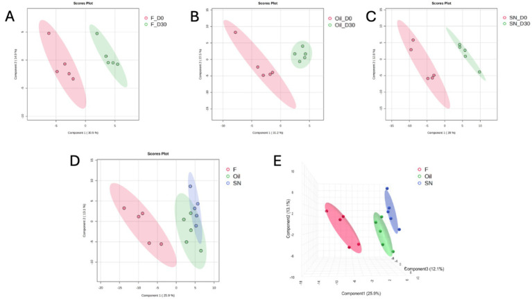 Five data visualization plots labeled A to E show group separation using partial least squares-discriminant analysis (PLS-DA). Plots A to D are two-dimensional scatterplots with colored ellipses for groups; plot E is a three-dimensional scatterplot. Each plot includes labeled axes and colored legend keys identifying groups and time points.