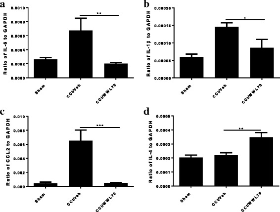 WWL70 treatment alleviated inflammatory response in CCI mouse spinal cord. The lumbar spinal cords 7 days post-CCI were dissected, RNA isolated, cDNA synthesized, and gene expression analyzed by qRT-PCR. Increased expression of IL-6 (a), IL-1β (b), and CCL2 (c) were observed in the CCI vehicle group and significantly decreased by WWL70 (10 mg/kg). (*p < 0.05, **p < 0.01, and ***p < 0.001 CCI/WWL70 compared to CCI/vehicle) (mean ± S.E.M., n = 10/group). WWL70 treatment after CCI also significantly increased IL-4 mRNA expression (d), **p < 0.01 (mean ± S.E.M., n = 10/group)